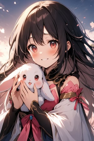 The world of cultivating immortals. girl. black hair. Pink and white clothes. Holding rabbit.Happy