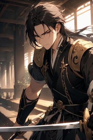 The world of cultivating immortals. Male. Black hair. Black clothes. Domineering. Handsome. Wielding a sword.
