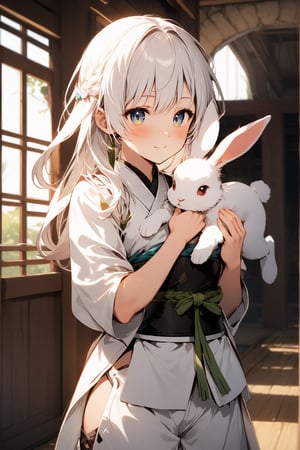 martial arts girl white clothes white hair carrying rabbit