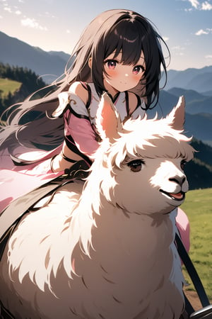 The world of cultivating immortals. female. ((Black hair. Pink and white clothes)). Half-length photo. Riding a white alpaca. Cute alpaca