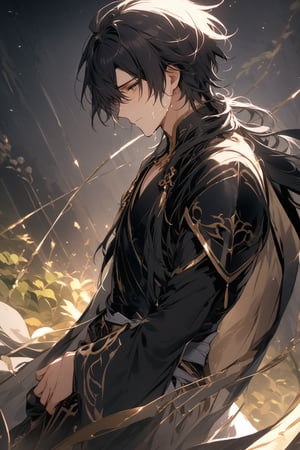 The world of cultivating immortals. Male. Black hair. Black clothes. Silently crying.