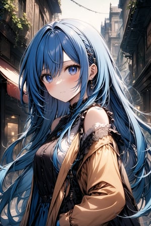 in the city. female. Long blue hair.