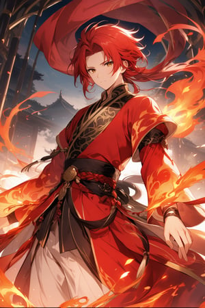 The world of cultivating immortals. Male. Red hair. Red clothes. There are flame patterns on the clothes.