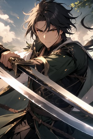 The world of cultivating immortals. Male. Black hair. Black clothes. Domineering. Handsome. Wielding a sword.
