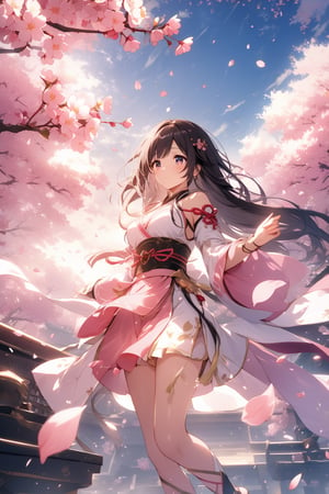 The world of cultivating immortals. Girl. Black hair. Pink and white clothes. Cherry blossoms. Petals are flying.