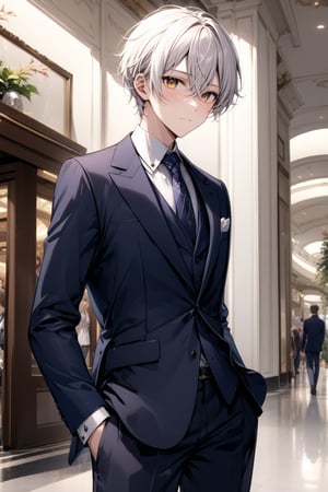 In the mall. Male. Soft and elegant, with a fresh temperament and warm eyes. white hair. wear a suit