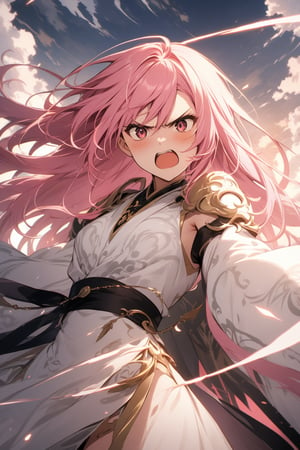 The world of cultivating immortals. female. Pink hair, white clothes, and cloud patterns on the clothes. (Angry. Open your mouth)