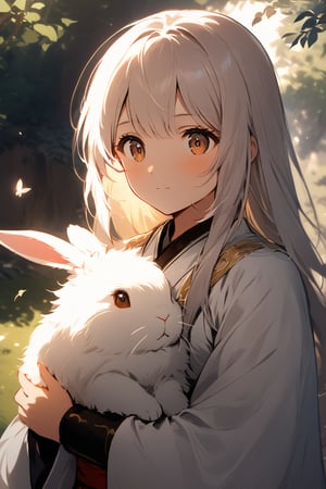 A serene martial arts practitioner stands in a tranquil garden setting, dressed in crisp white robes and sporting striking white locks. In her gentle grasp, she cradles a fluffy rabbit, its big brown eyes gazing up at her with trust. Soft sunlight casts a warm glow on the scene, accentuating the subject's peaceful aura.