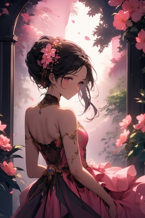 A delicate portrait of a woman with antique elegance. A gentle breeze carries soft pink petals around her, as she stands amidst lush greenery. Her raven-black tresses cascade down her back like a waterfall of night, framing her porcelain skin. Vibrant pink attire complements the floral surroundings, while her serene expression captures the essence of vintage charm.