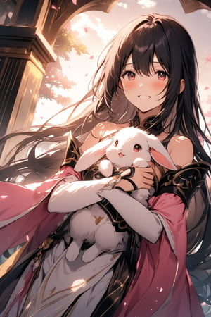 The world of cultivating immortals. girl. black hair. Pink and white clothes. Holding rabbit.Happy