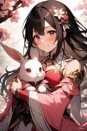 The world of cultivating immortals. girl. black hair. Pink and white clothes. Holding rabbit.Happy