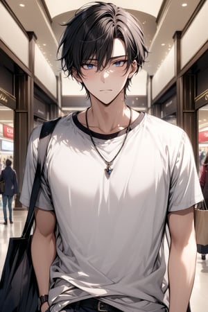 At the mall. male. Tall and handsome, with a cold and arrogant temperament and firm eyes. black hair. casual wear