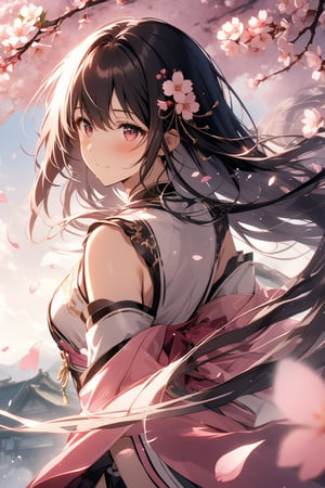 The world of cultivating immortals. Girl. Black hair. Pink and white clothes. Cherry blossoms. Petals are flying.