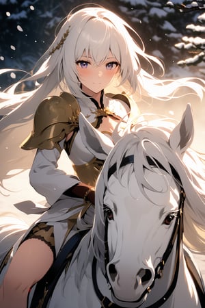 The world of cultivating immortals. female. .((white hair. white clothes)). Half-length photo. Riding a snow-white horse. Handsome