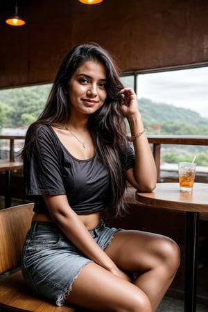 beautiful cute young attractive indian teenage girl, village girl, 21 years old, cute, Instagram model, long black_hair, colorful hair, warm, dacing, in cafe sit at char indian