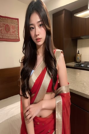 beautiful cute young attractive Indian teenage girl, City girl, 18 years old, cute, Instagram model, long brown_hair, colorful hair, warm, dacing, in home night ,1 girl, pov, photorealistic, Indian Woman, tradition, Indian, Indian tradition, Woman, Indian, red saree
