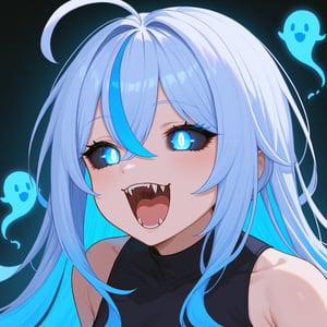 Solo_Focus, 1Girl, adult girl, ghost girl, solo, long white hair with light blue highlights, open mouth, fangs, ahoge, black_sclera, glowing_big_blue_pupils, no_iris, wisp trails