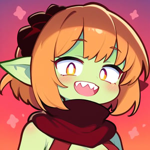 Cute goblin girl with sharp teeth, wide smile, bust