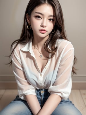 1girl, solo, long hair, looking at viewer, simple background, brown hair, shirt, long sleeves, white background, brown eyes, jewelry, sitting, white shirt, earrings, pants, necklace, lips, denim, jeans, realistic