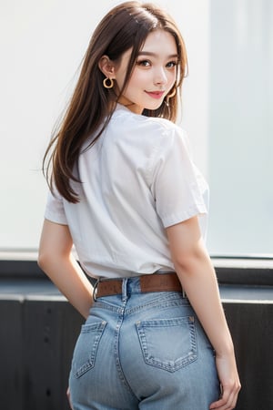 (8k, highest quality, masterpiece: 1.2), (Realistic, photoRealistic: 1.37),1girl, solo, long hair, looking at viewer, smile, simple background, brown hair, shirt, white background, jewelry, white shirt, earrings, looking back, pants, from behind, denim, jeans, realistic