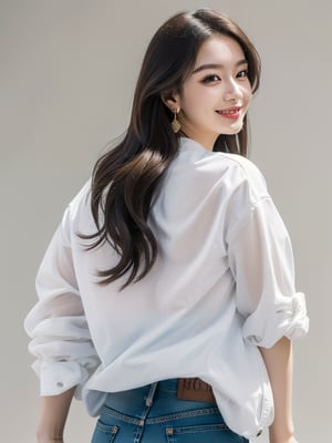 (8k, highest quality, masterpiece: 1.2), (Realistic, photoRealistic: 1.37),1girl, solo, long hair, looking at viewer, smile, simple background, brown hair, shirt, white background, jewelry, white shirt, earrings, looking back, pants, from behind, denim, jeans, realistic