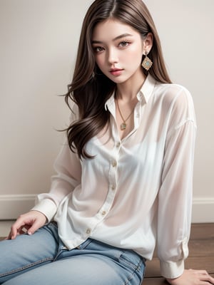 1girl, solo, long hair, looking at viewer, simple background, brown hair, shirt, long sleeves, white background, brown eyes, jewelry, sitting, white shirt, earrings, pants, necklace, lips, denim, jeans, realistic