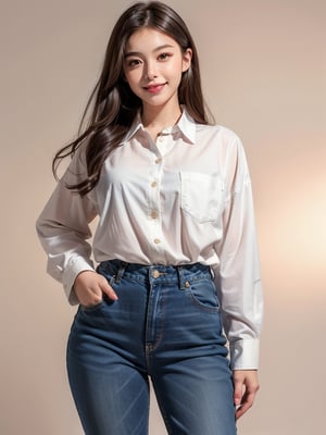 1girl, solo, long hair, smile, simple background, brown hair, shirt, long sleeves, brown eyes, standing, white shirt, cowboy shot, teeth, collared shirt, pants, grin, gradient, looking to the side, gradient background, buttons, pink background, denim, hand on own face, pocket, hand in pocket, jeans, realistic