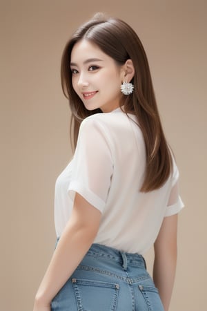 (8k, highest quality, masterpiece: 1.2), (Realistic, photoRealistic: 1.37),1girl, solo, long hair, looking at viewer, smile, simple background, brown hair, shirt, white background, jewelry, white shirt, earrings, looking back, pants, from behind, denim, jeans, realistic