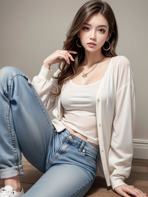 1girl, solo, long hair, looking at viewer, simple background, brown hair, shirt, long sleeves, white background, brown eyes, jewelry, sitting, white shirt, earrings, pants, necklace, lips, denim, jeans, realistic