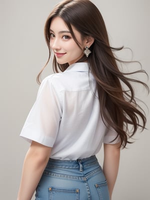 (8k, highest quality, masterpiece: 1.2), (Realistic, photoRealistic: 1.37),1girl, solo, long hair, looking at viewer, smile, simple background, brown hair, shirt, white background, jewelry, white shirt, earrings, looking back, pants, from behind, denim, jeans, realistic