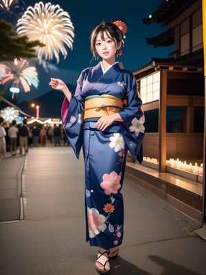 a girl in a blue and orange floral yukata watches a fireworks display at a Japanese festival, big_breasts