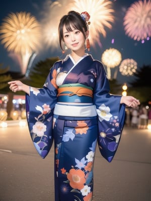 a girl in a blue and orange floral yukata watches a fireworks display at a Japanese festival, big_breasts,kimono