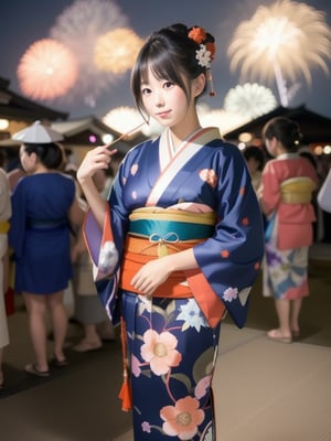 a girl in a blue and orange floral yukata watches a fireworks display at a Japanese festival, big_breasts,kimono