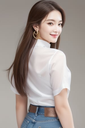 (8k, highest quality, masterpiece: 1.2), (Realistic, photoRealistic: 1.37),1girl, solo, long hair, looking at viewer, smile, simple background, brown hair, shirt, white background, jewelry, white shirt, earrings, looking back, pants, from behind, denim, jeans, realistic