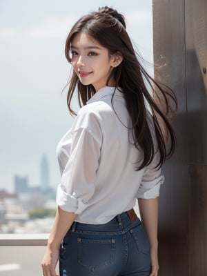 1girl, solo, long hair, looking at viewer, smile, simple background, brown hair, shirt, white background, jewelry, white shirt, earrings, looking back, pants, from behind, denim, jeans, realistic,full body