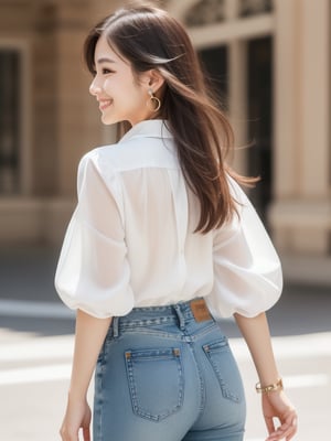 (8k, highest quality, masterpiece: 1.2), (Realistic, photoRealistic: 1.37),1girl, solo, long hair, looking at viewer, smile, simple background, brown hair, shirt, white background, jewelry, white shirt, earrings, looking back, pants, from behind, denim, jeans, realistic