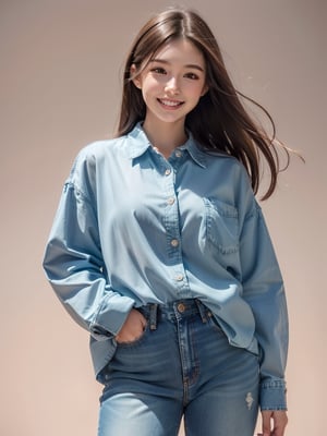 1girl, solo, long hair, smile, simple background, brown hair, shirt, long sleeves, brown eyes, standing, white shirt, cowboy shot, teeth, collared shirt, pants, grin, gradient, looking to the side, gradient background, buttons, pink background, denim, hand on own face, pocket, hand in pocket, jeans, realistic