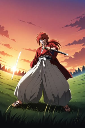 (masterpiece, best quality, ultra HD anime quality, super high resolution, 1980s/(style), retro, anatomically correct, perfect anatomy), (Himura Kenshin), one boy, solo, (red hair, long hair, low ponytail, thick bangs between the eyes, messy hair, purple eyes, sharp eyes, scar on face, angry face), emitting aura, (mouth open as if screaming), looking at the camera, (red kimono top, white hakama pants, black waistband), weapon, one Japanese sword, (Japanese sword has blade, tsuba, grip), wearing straw sandals, (four fingers and one thumb), (taking a fighting stance, holding the grip of the Japanese sword, standing low, legs spread wide, alone, in a grassland), (sunset view, distant forest, large grassland, dim grassland, grass, sunset), (front, angle from below), score 9, score 8_up, score 7_up, score 6_up,Himura Kenshin,red hair