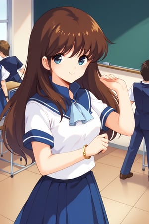 (masterpiece, best quality, ultra HD anime, super high resolution, 1980s/(style), anatomically accurate, perfect anatomy), (upper angle), looking at camera, score_9, score_8_up, score_7_up, source_anime, cream_ami, brown hair, long hair, bangs, blue eyes, smiling, (blue sailor suit, white sleeves, short sleeves, high collar, ascot, blue skirt, bracelet), looking at viewer, cowboy shot, dutch angle, dancing happily, dancing, (school scene, classroom, classroom at dusk),