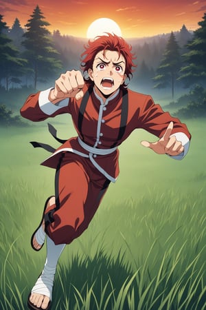 (masterpiece, best quality, ultra HD anime quality, super high resolution, 1980s/(style), retro, anatomically accurate, perfect anatomy), (tanjirou_kamado), one boy, solo, (red hair, short hair, slicked back, messy hair, forehead, red eyes, crying face), crying tears, tears scattered around, scar, scar on face, scar on forehead, (mouth open as if screaming), (ear accessory, rising sun tag), looking at camera, (Demon Slayer uniform top, Demon Slayer uniform pants, navy blue uniform) ,(Bandages wrapped around both feet), Wearing straw sandals, (Four fingers and one thumb), (Chasing, as if diving, one arm stretched straight out, all fingers extended, arm spread wide, one arm pointing toward the ground, legs spread wide, in a grassland), (Sunset view, distant forest, prairie, dim grassland, grass, sunset), (Side view, angle from below), Score 9, Score 8_up, Score 7_up, Score 6_up,