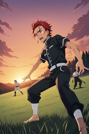(masterpiece, best quality, ultra HD anime quality, super high resolution, 1980s/(style), retro, anatomically accurate, perfect anatomy), (tanjirou_kamado), one boy, solo, (red hair, short hair, slicked back, messy hair, forehead, red eyes, crying face), crying tears, tears scattered around, scar, scar on face, scar on forehead, (mouth open as if screaming), (piercing, earring, sunrise tag), looking at camera, (Demon Slayer uniform top, Demon Slayer uniform pants, navy blue uniform), (bandages wrapped around both shins), wearing straw sandals, (four fingers and one thumb), (chasing, diving, one hand stretched straight out, fingers positioned as if trying to grab, hands spread wide, one hand pointing toward the ground, legs spread wide, in a grassland), (sunset view, distant forest, grassland, dim grassland, grass, sunset), (side view, angle from below), score 9, score 8_up, score 7_up, score 6_up,