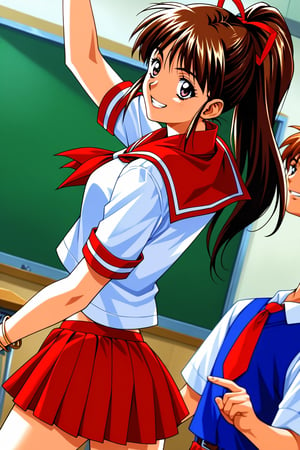 (masterpiece, best quality, ultra HD anime, super high resolution, 1980s/(style), anatomically accurate, perfect anatomy), (upper angle), looking at camera, score_9, score_8_up, score_7_up, source_anime, TanakaMisa, brown hair, long hair, bangs, ponytail, red ribbon, blue eyes, smiling, (red sailor uniform, white sleeves, short sleeves, high collar, ascot, red skirt, bracelet), looking at viewer, cowboy shot, dutch angle, dancing happily, dancing, (school scene, classroom, classroom at dusk), source_,