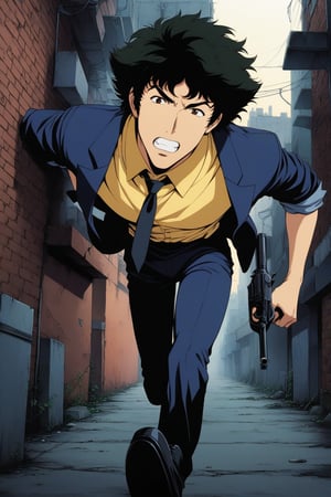 (masterpiece, best quality, ultra HD anime quality, super high resolution, 1980s/(style), retro, anatomically accurate, perfect anatomy), (side view, bottom angle), looking at the camera, (Spike Spiegel, one boy), solo, (black hair, short hair, bangs, messy hair, brown eyes, angry face), mouth slightly open, teeth clenched, (wearing navy blue suit, Spike's, sleeves rolled up to elbows, (black tie, slightly thin), no handkerchief on chest, (yellow shirt, collar up)), (navy blue suit pants, black socks, black leather shoes), holding a gun, (running, leaning forward, slightly hunched back, big stride, gun aimed), (brick cityscape, back alley, bleak, dilapidated city, littered), score_9, score_8_up, score_7_up, score_6_up,