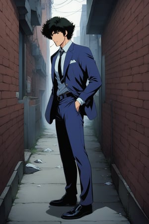 (masterpiece, best quality, ultra HD anime quality, super high resolution, 1980s/(style), retro, anatomically correct, perfect anatomy), (side view, top view), looking into the camera, (Spike Spiegel, one boy), solo, (black hair, short hair, bangs, messy hair, brown eyes, straight face), (wearing navy blue suit, spikes, sleeves rolled up to elbows, (black tie, slightly thin), no handkerchief, (cream shirt, collar up)), (navy blue suit pants, black socks, black leather shoes), holding a gun, (standing, slightly bent at waist, both knees slightly bent, legs slightly apart, posed at an angle, one hand in trouser pocket, (holding a cigarette in mouth, crumpled)), (brick city scene, back alley, bleak, dilapidated city, littered), score_9, score_8_up, score_7_up, score_6_up,