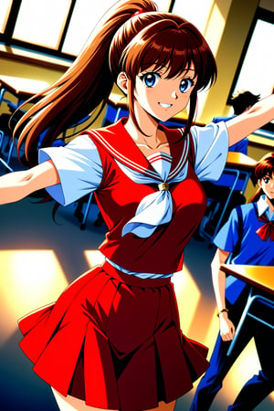 (masterpiece, best quality, ultra HD anime, super high resolution, 1980s/(style), anatomically accurate, perfect anatomy), (upper angle), looking at camera, score_9, score_8_up, score_7_up, source_anime, TanakaMisa, brown hair, long hair, bangs, ponytail, red ribbon, blue eyes, smiling, (red sailor uniform, white sleeves, short sleeves, high collar, ascot, red skirt, bracelet), looking at viewer, cowboy shot, dutch angle, dancing happily, dancing, (school scene, classroom, classroom at dusk), source_