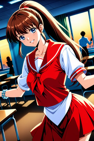 (masterpiece, best quality, ultra HD anime, super high resolution, 1980s/(style), anatomically accurate, perfect anatomy), (upper angle), looking at camera, score_9, score_8_up, score_7_up, source_anime, TanakaMisa, brown hair, long hair, bangs, ponytail, red ribbon, blue eyes, smiling, (red sailor uniform, white sleeves, short sleeves, high collar, ascot, red skirt, bracelet), looking at viewer, cowboy shot, dutch angle, dancing happily, dancing, (school scene, classroom, classroom at dusk), source_