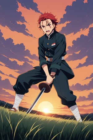 (masterpiece, best quality, ultra HD anime quality, super high resolution, 1980s /(style), retro, anatomically correct, perfect anatomy), (tanjirou_kamado), one boy, solo, (red hair, short hair, slicked back, messy hair, forehead, red eyes, angry face), exuding murderous intent, scar, scar on face, scar on forehead, (mouth open as if screaming), (piercing, earring, sunrise tag), looking at camera, (Demon Slayer uniform top, Demon Slayer uniform pants, navy blue uniform), (bandages wrapped around both shins), wearing straw sandals, (four fingers, one thumb), (fighting stance, hands on sword hilt, stance low, legs wide, alone, in grassland), (sunset view, distant forest, large grassland, dim grassland, grass, sunset), (side view, angle from below), score 9, score 8_up, score 7_up, score 6_up,