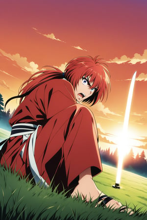 (masterpiece, best quality, ultra HD anime quality, super high resolution, 1980s/(style), retro, anatomically correct, perfect anatomy), (Himura Kenshin), one boy, solo, (red hair, long hair, low ponytail, thick bangs between the eyes, messy hair, purple eyes, sharp eyes, scar on face, angry face), emitting aura, (mouth open as if screaming), looking at the camera, (red kimono top, white hakama pants, black waistband), weapon, one Japanese sword, (Japanese sword has a blade, tsuba, and grip), wearing straw sandals, (four fingers and one thumb), (fighting stance, holding sword grip, low stance, legs spread wide, alone, in grassland), (sunset view, distant forest, large grassland, dim grassland, grass, sunset), (side view, angle from below), score 9, score 8_up, score 7_up, score 6_up,