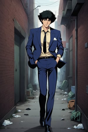 (masterpiece, best quality, ultra HD anime quality, super high resolution, 1980s/(style), retro, anatomically correct, perfect anatomy), (front, bottom angle), looking at the camera, (Spike Spiegel, one boy), solo, (black hair, short hair, bangs, messy hair, brown eyes, straight face), (spike's navy blue suit, large collar on left side, no collar on right shoulder, grey lining, sleeves rolled up to elbows, (black tie, slightly thin), no handkerchief, (cream colored shirt, collar turned up)), (navy blue suit pants, black socks, black leather shoes), holding a gun, (standing, slightly bent at waist, sloppy, with legs apart, one hand in trouser pocket, (cigarette in mouth, crumpled)), (brick city scene, back alley, bleak, dilapidated city, littered with garbage), score_9, score_8_up, score_7_up, score_6_up,