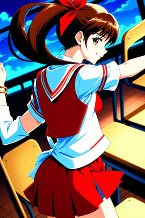 (masterpiece, best quality, ultra HD anime, super high resolution, 1980s/(style), anatomically accurate, perfect anatomy), (upper angle), looking at camera, score_9, score_8_up, score_7_up, source_anime, TanakaMisa, brown hair, long hair, bangs, ponytail, red ribbon, blue eyes, smiling, (red sailor uniform, white sleeves, short sleeves, high collar, ascot, red skirt, bracelet), looking at viewer, cowboy shot, dutch angle, dancing happily, dancing, (school scene, classroom, classroom at dusk), source_